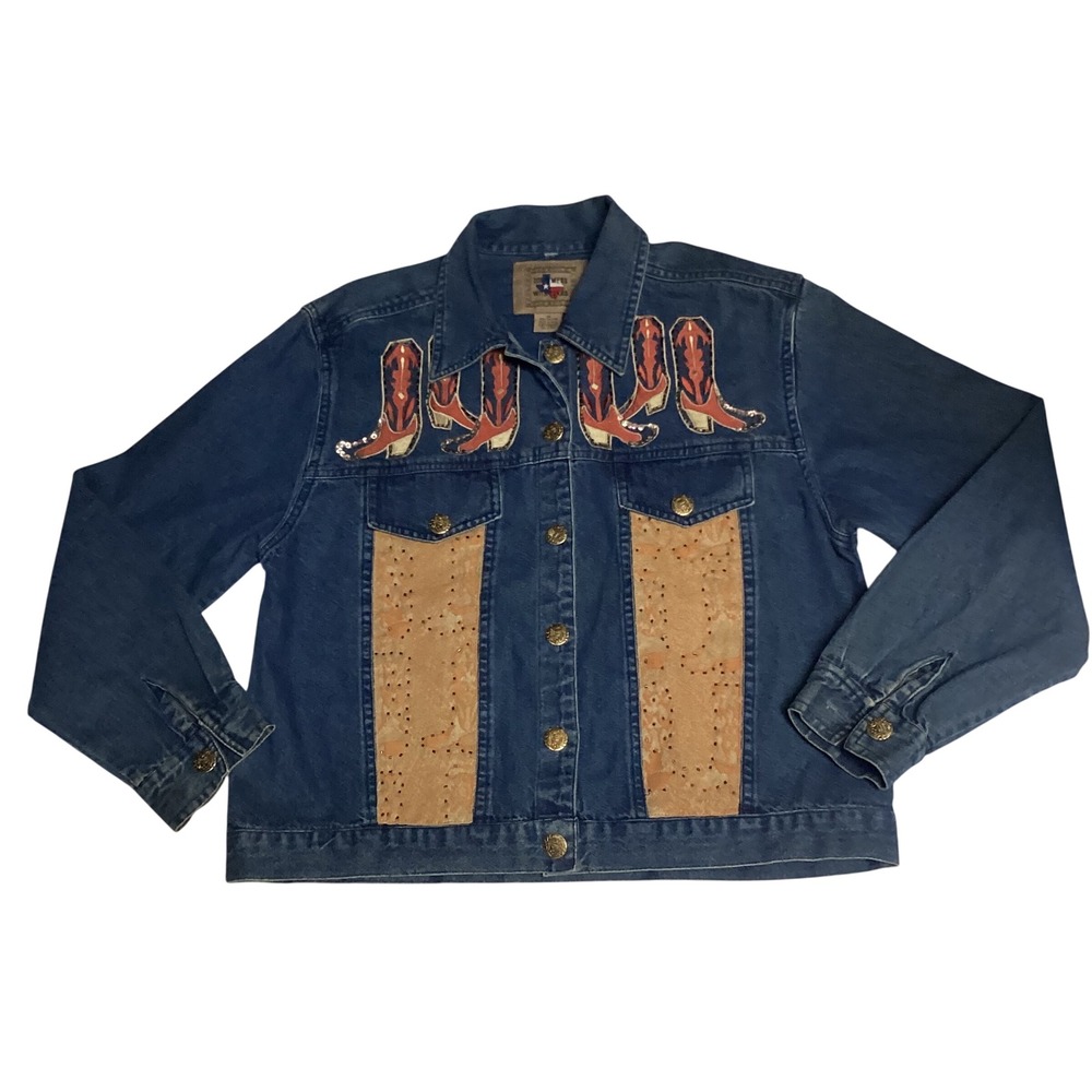 Don't Mess With Texas Denim Jacket Medium Western Cowboy Boot Sequin Blue Cotton